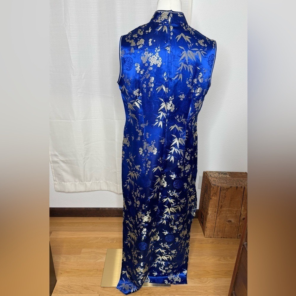 VTG Royal Blue &‎ Gold Floral Brocade Cheongsam Qipao Dress - Picture 6 of 10